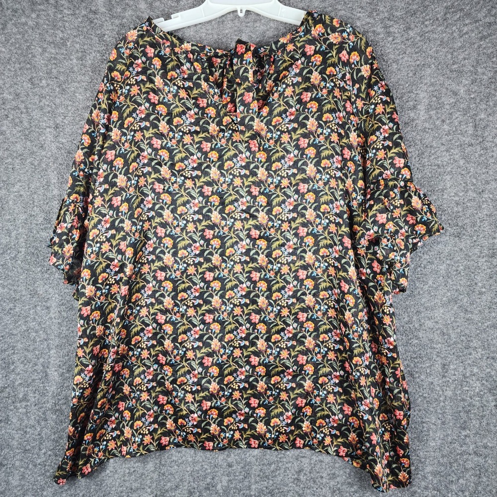 Loft Plus Blouse Women 22 Plus Black Floral Metallic Gold Tie Back Ruffle Sleeve